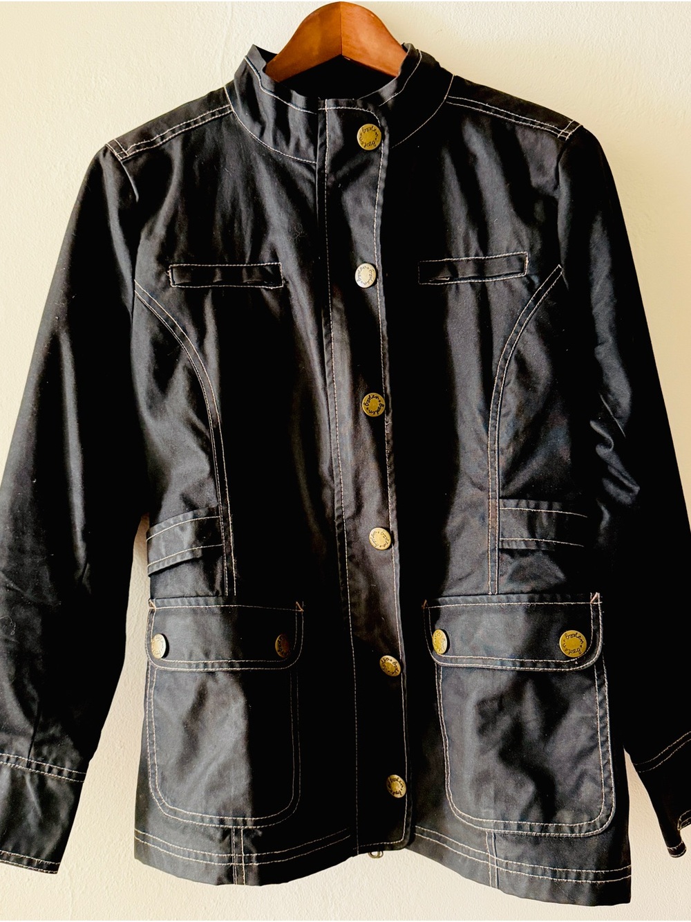 Women’s Boden Black Waxed Cotton Utility Jacket with Contrast Stitching
